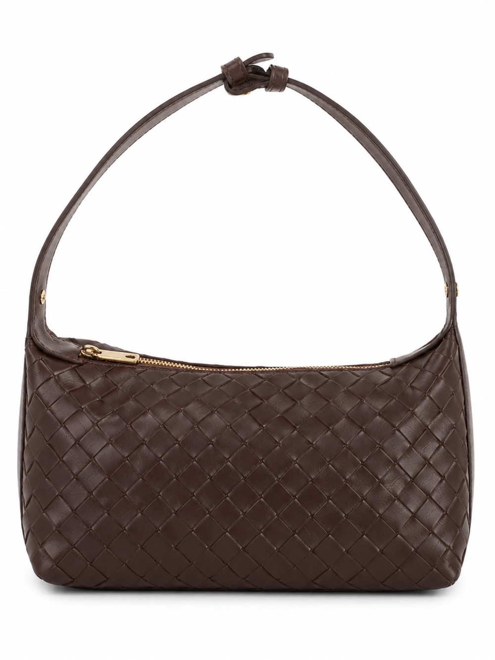Chocolate Brown Woven Shoulder Bag – Basket Weave Faux Leather – Gold Zip